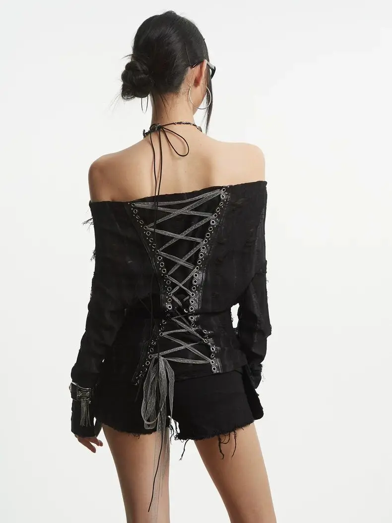 Y2K Subkultur Langarm Top Frauen Schwarz Off-Schulter Spitze-Up Zurück Grafik Druck Gothic Stil Herbst Harajuku Casual tees