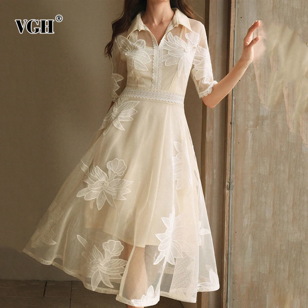 

VGH Sweet Printing Slimming Solid Dresses For Women Lapel Half Sleeve High Waist Summer Elegant Dress Female Fashion Style New