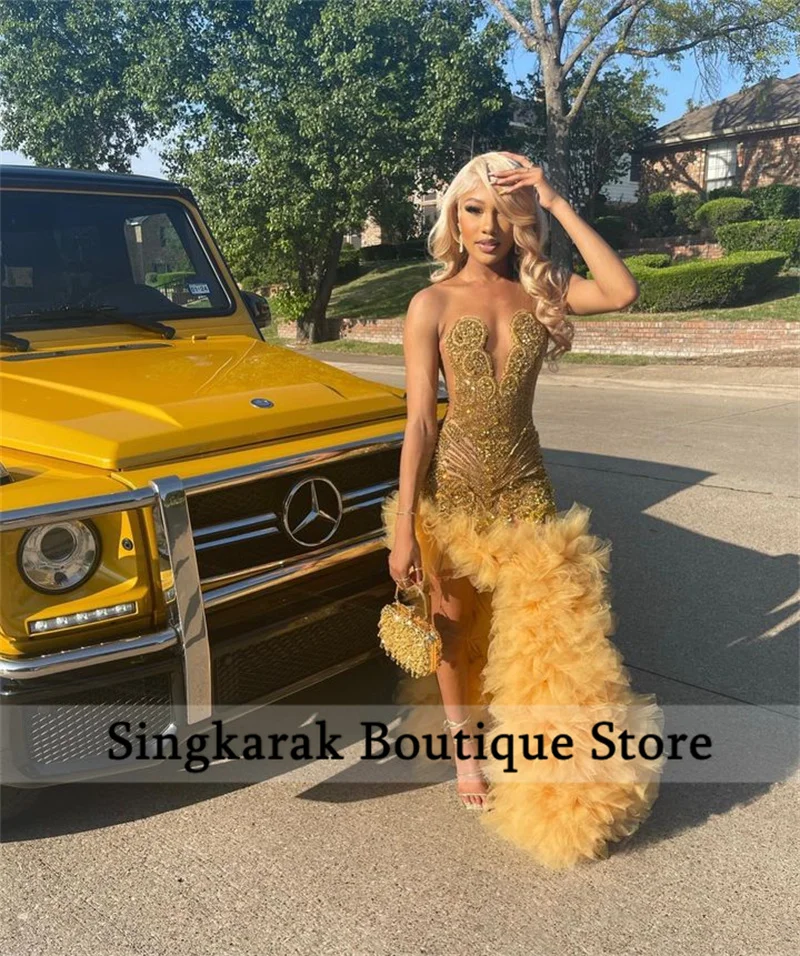 Sparkly Gold Diamonds Mermaid Prom Dress Sheer Glitter Rhinestones Beads Ruffles Birthday Party Dress Formal Gowns Customized