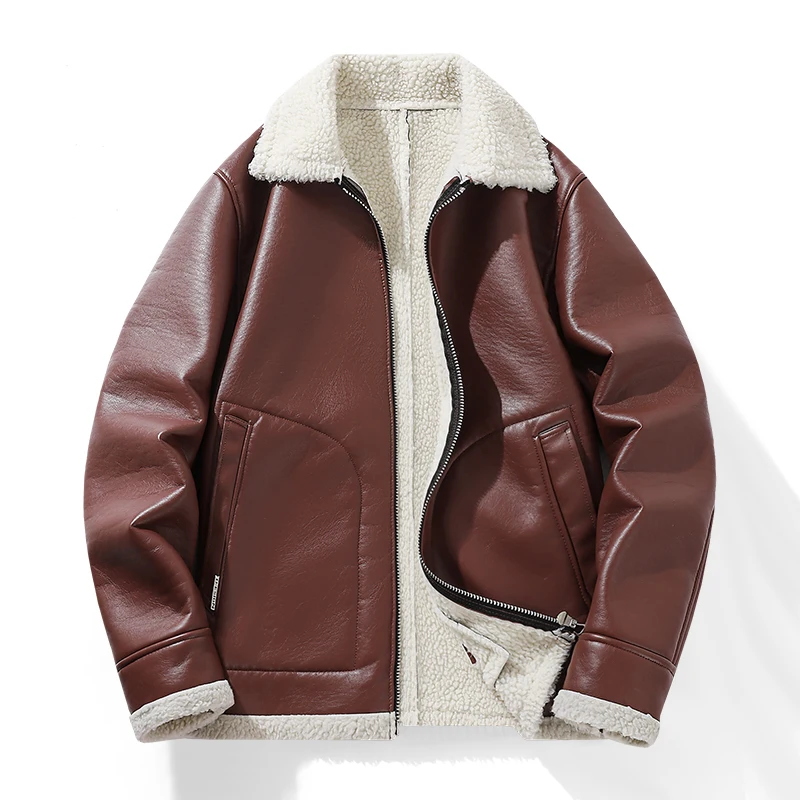 

Новая популярная модная тенденция, повседневная универсальная однотонная удобная кожаная куртка с теплой и плюшевой защитой от холода, мужская куртка