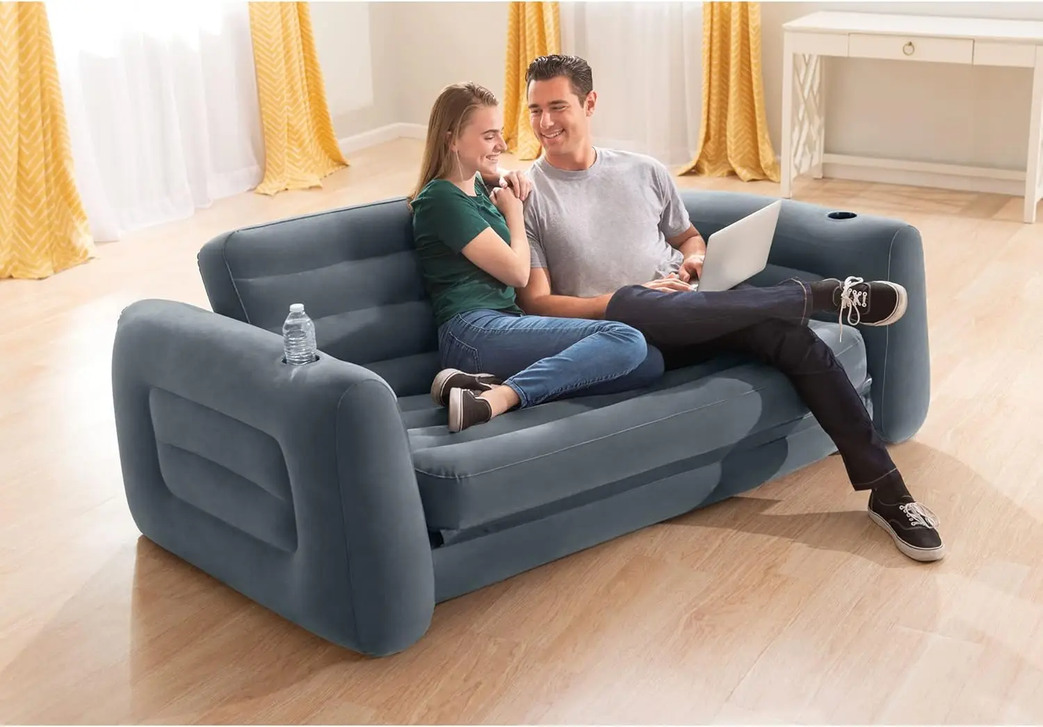 Intex 66552EP Inflatable Pull-Out Sofa: Built-in Cupholder , Velvety Surface,2-in-1 Valve ,Folds Compactly, 46" x 88" x 26"