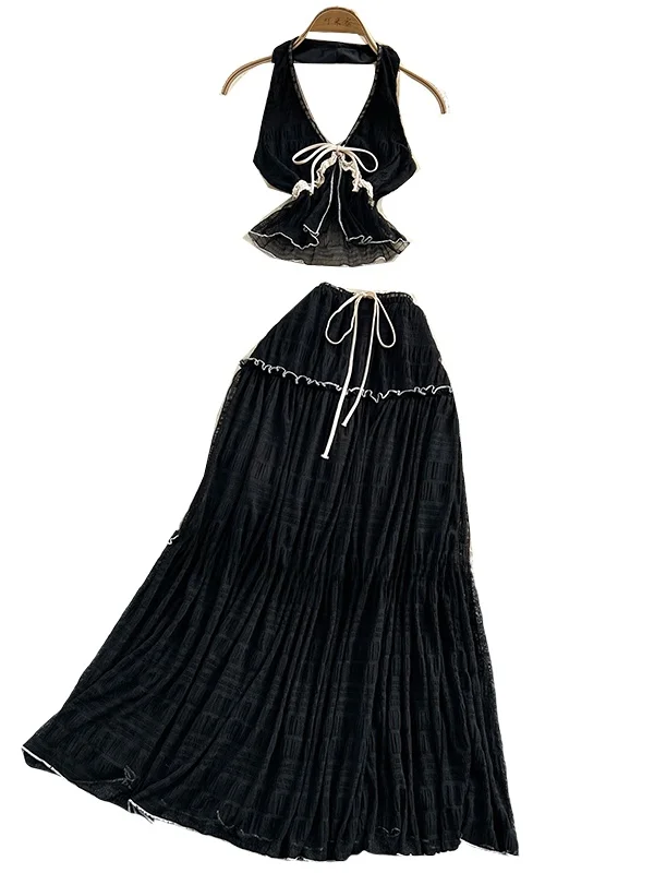 

Beach Vaion Sle Two-Piece Set Pure Desire V-Ne Hanging Ne Vest Women Summer Me High Waist Slimming Midi Skirt