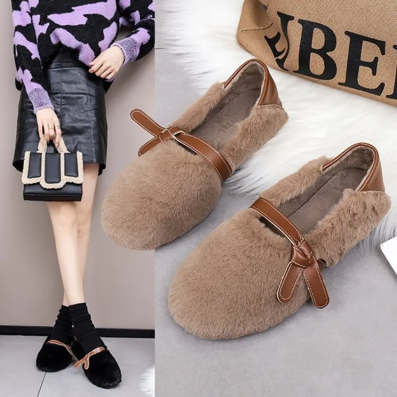 

Women Shoes Autumn Round Toe Female Footwear Casual Sneaker Loafers Fur Slip-on Shallow Mouth Fall Winter Dress New Moccasin Boa