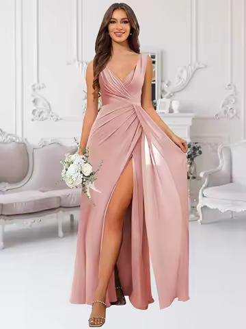 Elegant V Neck Bridesmaid Dresses Fashion Long Ruffle Formal Evening Dress with Slit A Line Wedding Party Gowns Chiffon Dress