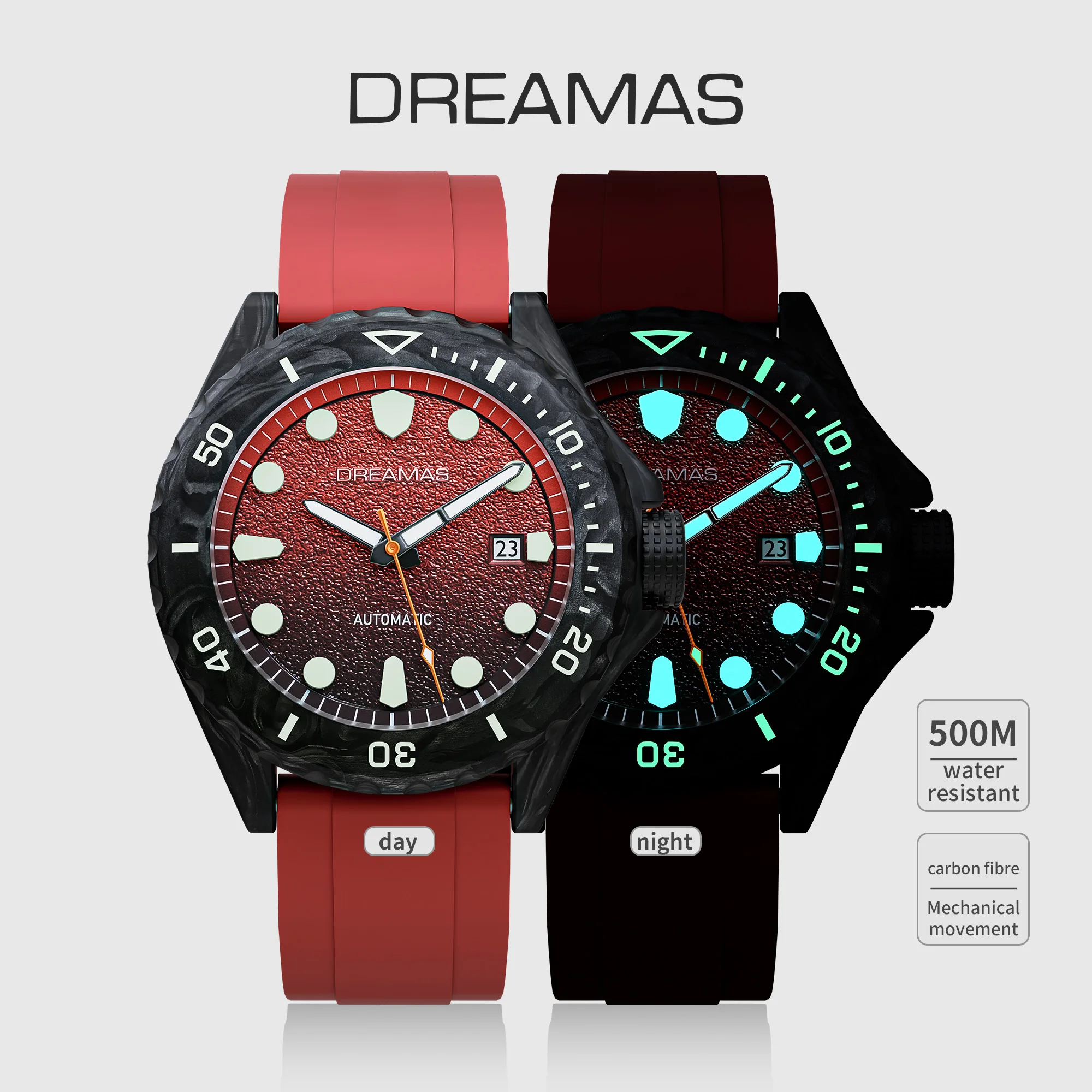 DREAMAS Carbon Fiber Automatic Mechanical  Diving Watch 500M Waterproof Swiss 3D Luminous Gradient Red Dial Sport Wristwatch
