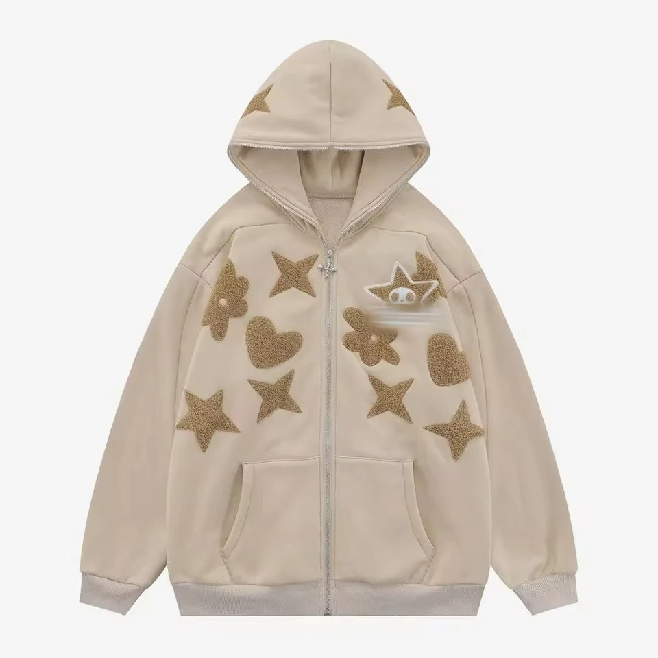 

Y2K Letter Embroidery Streetwear Hoodie Oversized Hop Pullover Sweatshirt for Men Vintage Retro Cotton Hooded Zip Up