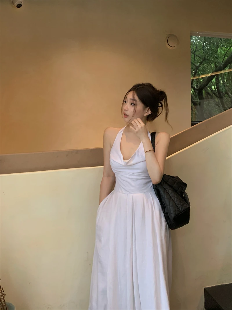 2024 Summer Fashion Women'S Elegant Sexy White Dress Romantic Swing Neck Halter Dress French Retro Waist Elegant Halter Dress