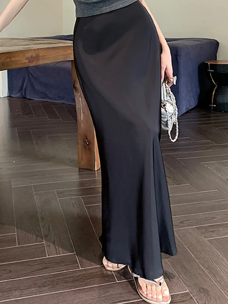 Wine Red Ruffled Skirt 2024 Summer New High Waist Slimming French Elegant Vintage Satin Hip Fishtail Long Skirts Solid Color