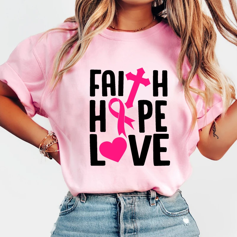 

Fashion Breast Cancer Awareness Faith Hope Love Print T-Shirt Unisex Loose Short Sleeve Round Neck Top