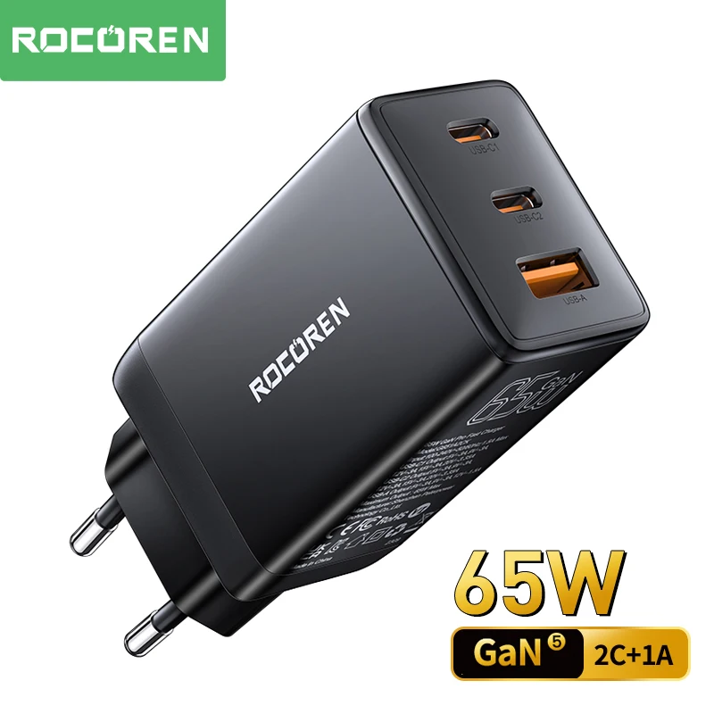 Rocoren QC 3.0 4.0 USB Type C GaN Charger PD 65W Quick Charge Fast Charging Adapter For iPhone 15 14 Pro iPad MacBook Laptop