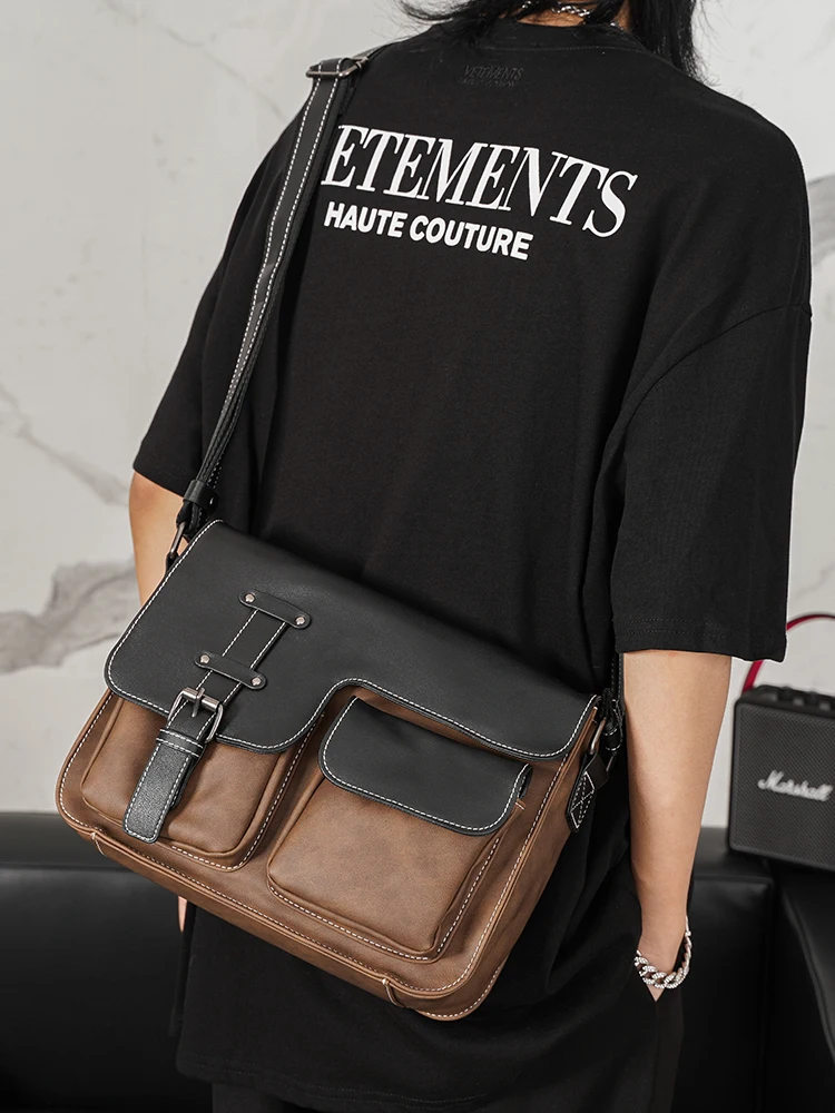 Leather Men's Shoulder Bag Casual Large Capacity Messenger Bag Business Document Bag Crossbody Bag Horizontal Square Backpack