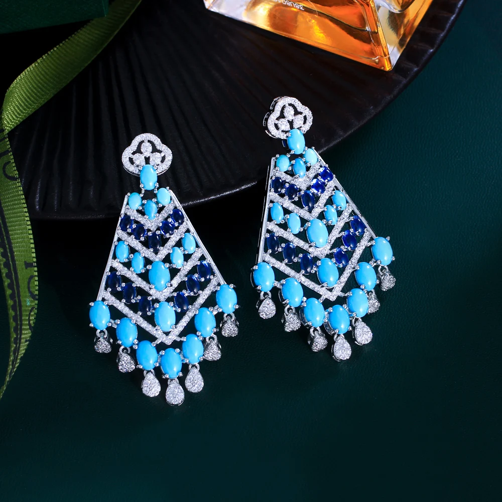 CWWZircons Luxury Chunky Blue Turquoise and White Cubic Zirconia Dangle Tassel Drop Long Party Wedding Earrings for Women CZ782