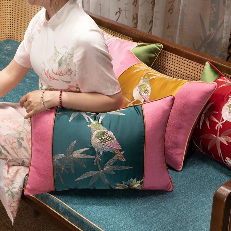 Oriental Bird & Bamboo Embroidery Pillow Cover Set | Luxury Satin Patchwork Cushion Cases| Chinese Sofa Bedroom Deco Pillows