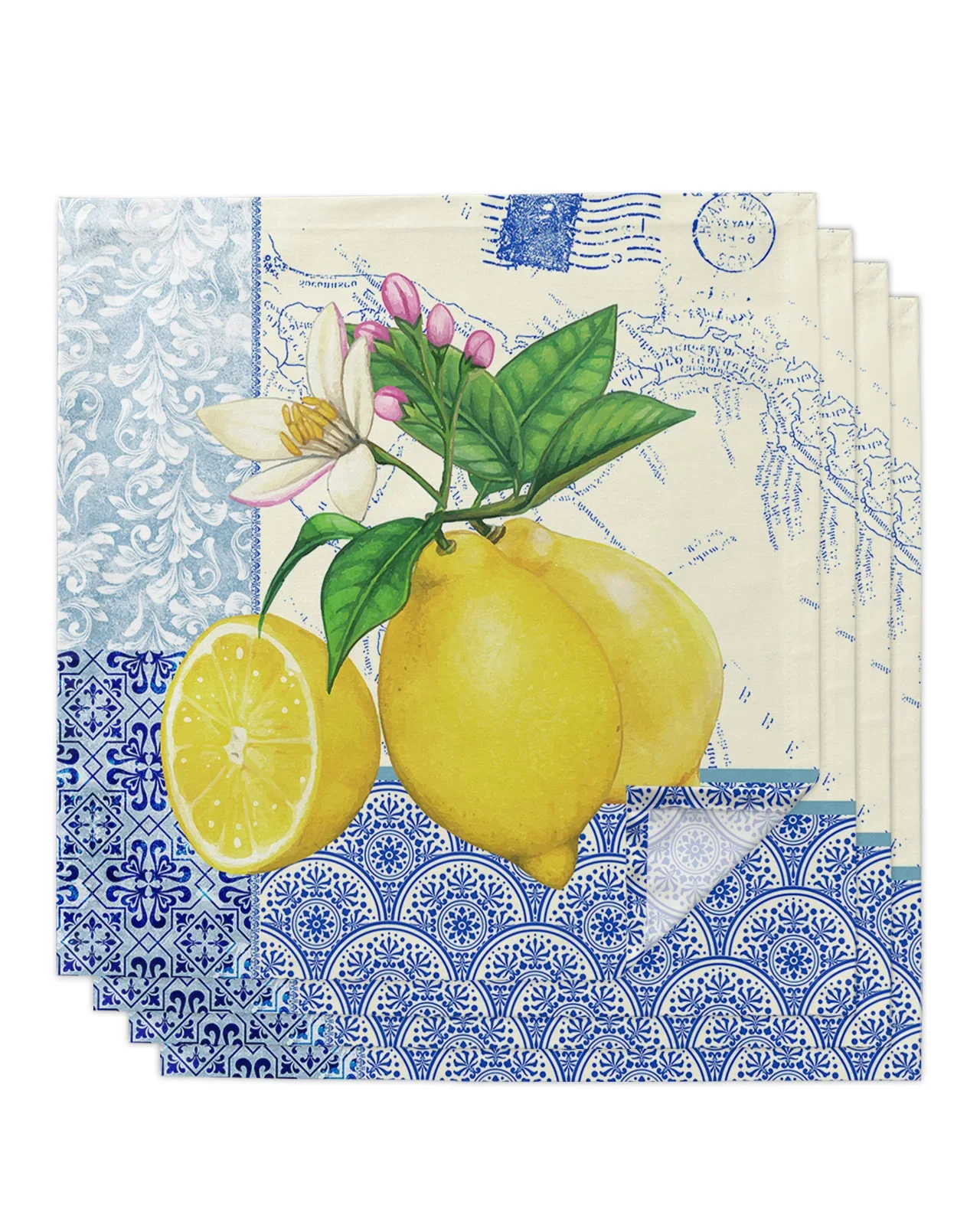 結婚式の装飾,テーブルナプキン,キッチンディナーサービス用の磁器レモン正方形50cmのテーブルナプキン,4個,青と白
