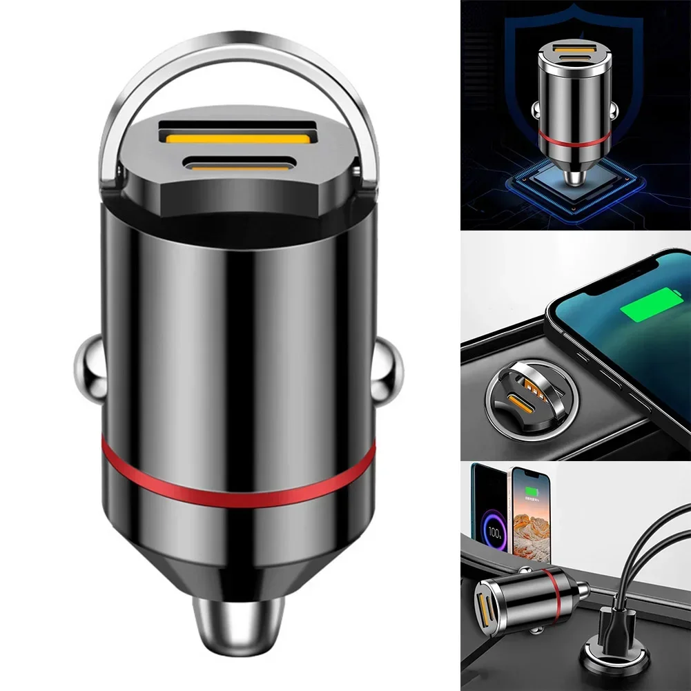 Mini Pull Ring 100W Dual USB Car Charger Fast Charging Car Phone Charger Adapter For IPhone Xiaomi Sumsung PD30W QC3.0