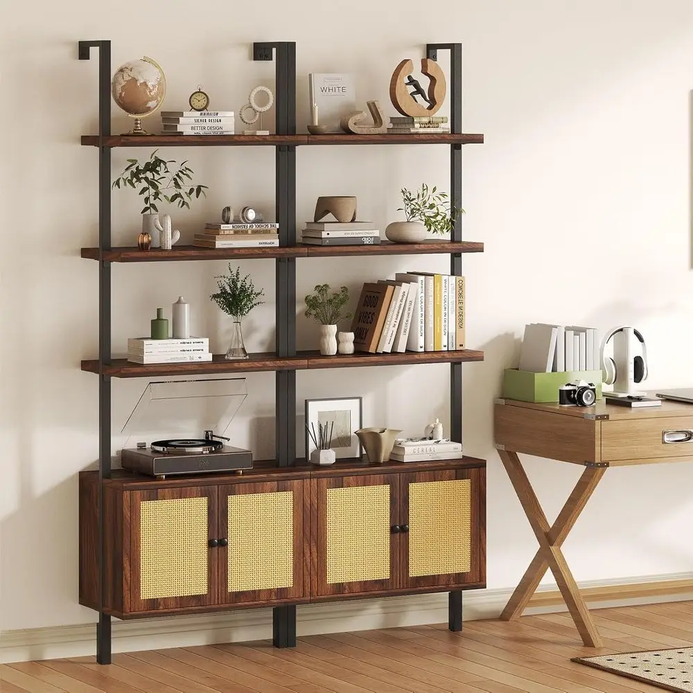 

4-Tier Rattan Wall-Mounted Bookshelf with Metal Frame, Anti-Tip, Ideal for Living Room, Home Office, and Bedroom in Walnut Finis