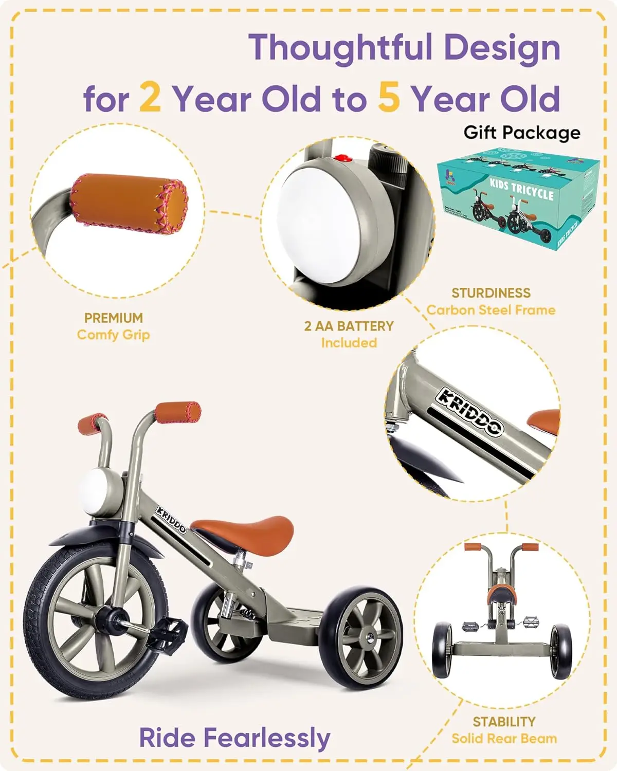 Kids Tricycles Age 2 Years to 5 Years, 12 Inch Puncture Free Rubber Wheel w Front Light, Kids Trike for 2.5 to 5 Year Old, Gift