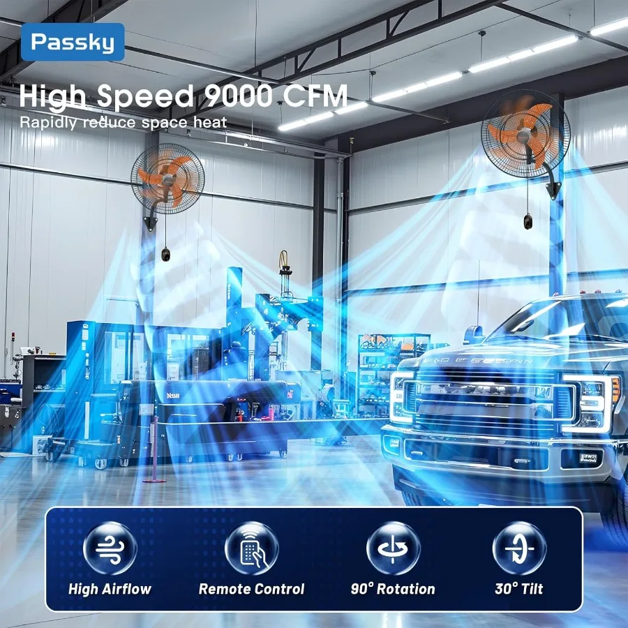 مروحة تثبيت على الحائط صناعية 24 بوصة مع جهاز تحكم عن بعد محرك EC 3 شفرات سمك القرش توربو 8 سرعات 9000 CFM مؤقت عالي السرعة ETL L #3