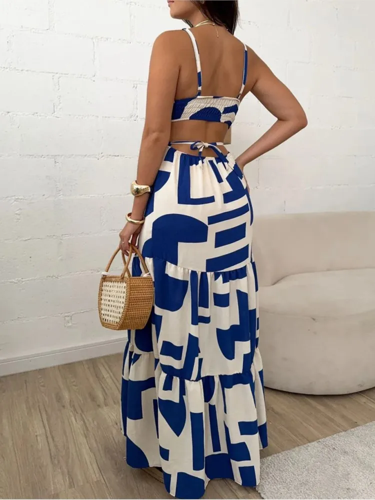 Summer New Fashion Geometric Printed Dress Temperament Elegant Suspender Hollow Backless Waist V-neck Tie Commuting Dresses