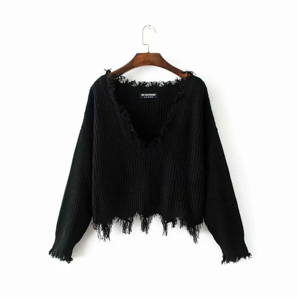 

Women's V-Neck Frayed Sweater Long Sleeve Loose Fit All-Match European American Style Streetwear Autumn Lazy Fashion Top