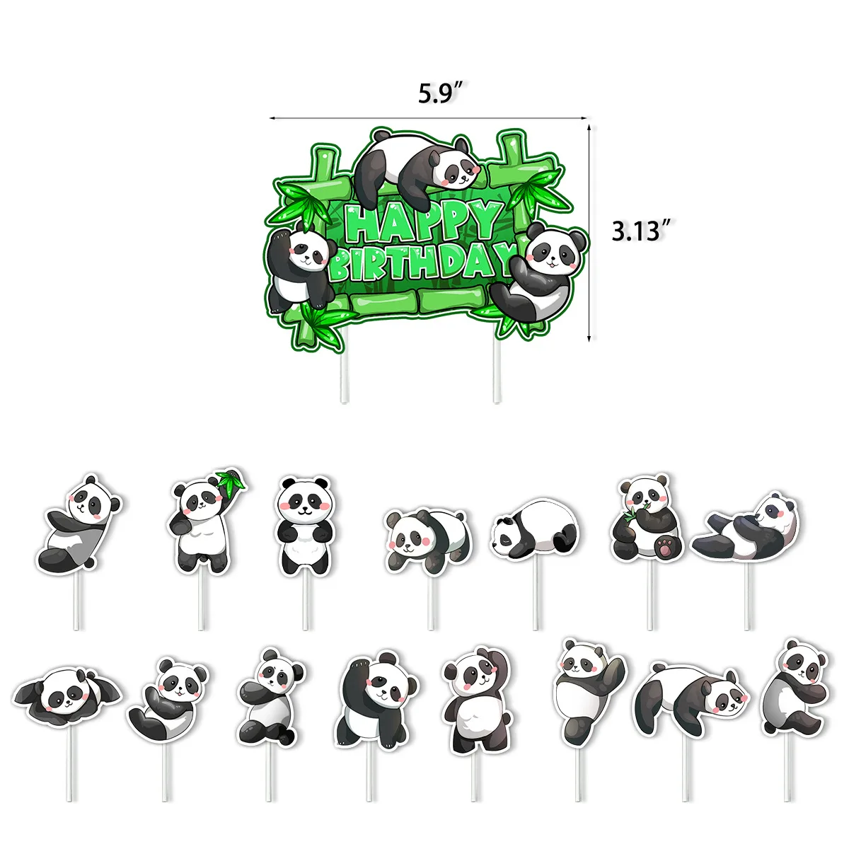 16pcs Panda Theme Birthday Party Cake Decorations Bamboo Panda Cake Inserts Happy Birthday Cake Toppers