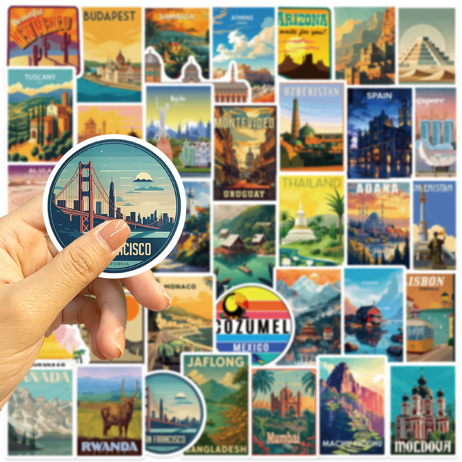 50/100 peças adesivos de vinil de marcos do mundo famosos-calques de PVC para laptops, garrafas de água, capacetes e muito mais