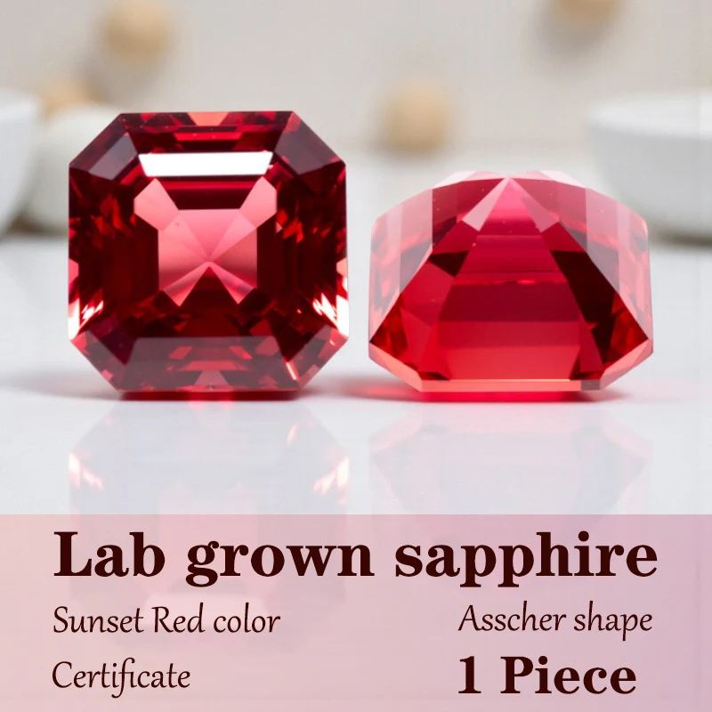 

Asscher Cut Sunset Red Color Lab Grown Sapphire Wholesale for Charms DIY Ring Necklace Earrings Main Materials with Certificate