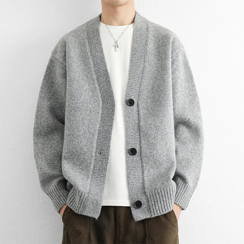 

Весенне-осенний мужской кардиган с V-образным вырезом, молодежный, модный, повседневный, универсальный, вязаный свитер, верхняя одежда, кардиган из шерстяной пряжи