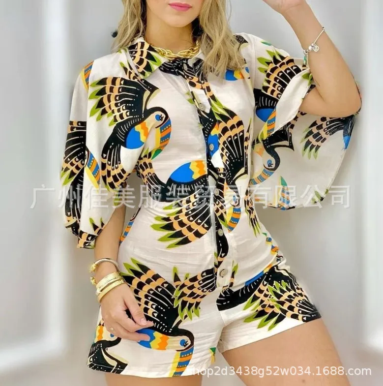 

2025 Spring And Summer Fashion Women's Clothing High Street Printing Lapel Collar One-breasted Medium-sleeved Shirt Jumpsuit