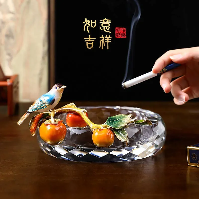 New Chinese Style Enamel Crystal Glass Ashtray High End Light Luxury Home Office Decor Anti Fly Ash Ornament Living Room