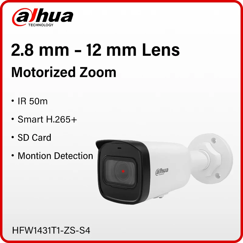 Dahua 4MP Motorized Zoom Bullet Camera Outdoor 2.8mm–12mm Lens Waterproof 2K IP Security Camera Night Vision 50m HFW1431T1-ZS-S4