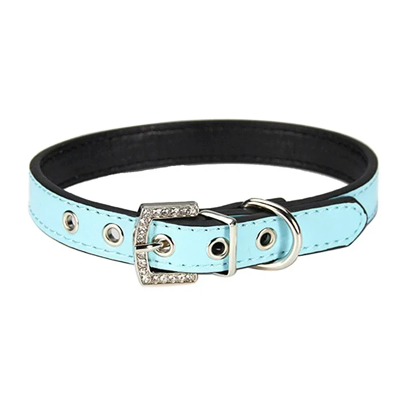 Pet Supplies Pu Leather Adjustable Pet Collar Black Border Vapor Eye Decoration Diamond Buckle Necklace for Small Medium Dog