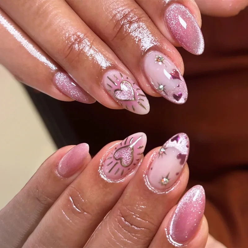 24 Piezas Uñas Almendra de Verano con Ojo de Gato Verde Francesa Tips 3D Doradas con Estrellas Uñas Postizas con Diamantes Reutilizables 3
