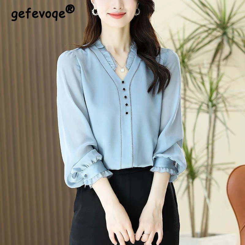 Women Korean Fashion Ruffle V Neck Elegant Blouses Spring Autumn Office Lady Commute Shirts Casual Blue Long Sleeve Loose Tops