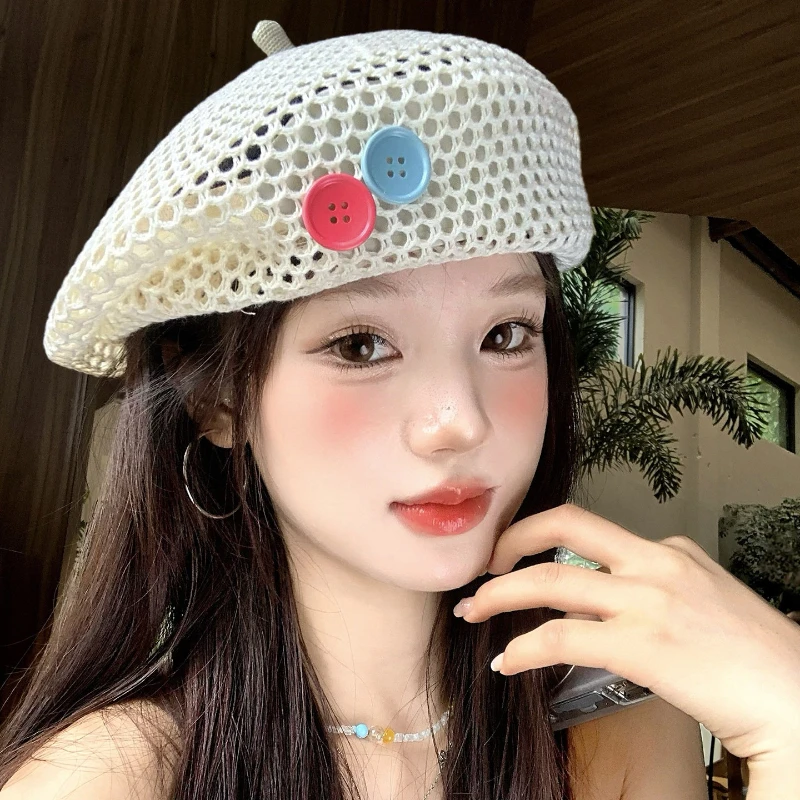 Japanese Minimalist Hollow Woven Button Beret for Women in Summer, Lightweight and Breathable Artist Hat