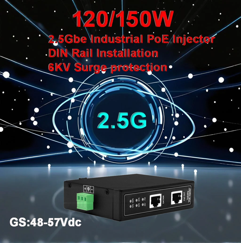 

Industrial 2.5G POE injector 120W/150W,DIN Rail,48-57Vdc in,802.3 at/af/BT,6KV surge protection,alloy case