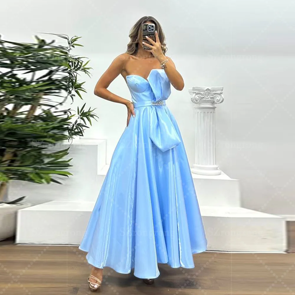 Vestido de noche drapeado con cuello de corazón de princesa hecho a medida, corte en A, largo hasta el té, vestido de fiesta de graduación sin espalda fruncido con lazo