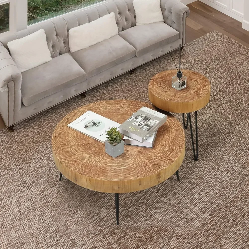 Farmhouse Round Coffee Table Set of 2 Furniture Modern Circle Natural Wood Finsh Side and End Table Sets for Living Room Tables