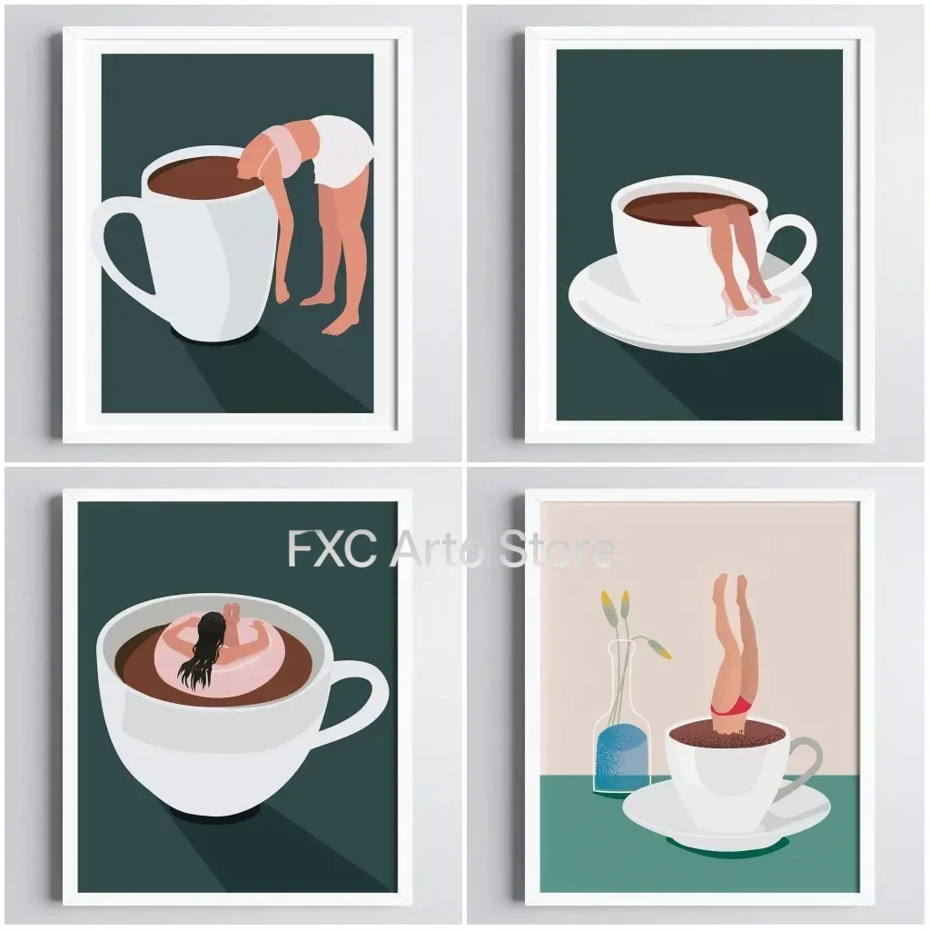 1 Stück Rahmenloser Moderner Abstrakter Kunstdruck für Kaffeeliebhaber, Lustiges 'Schwimmen im Kaffee' Leinwandgemälde für Küche und Wohnzimmer-Dekoration, Einzigartig
