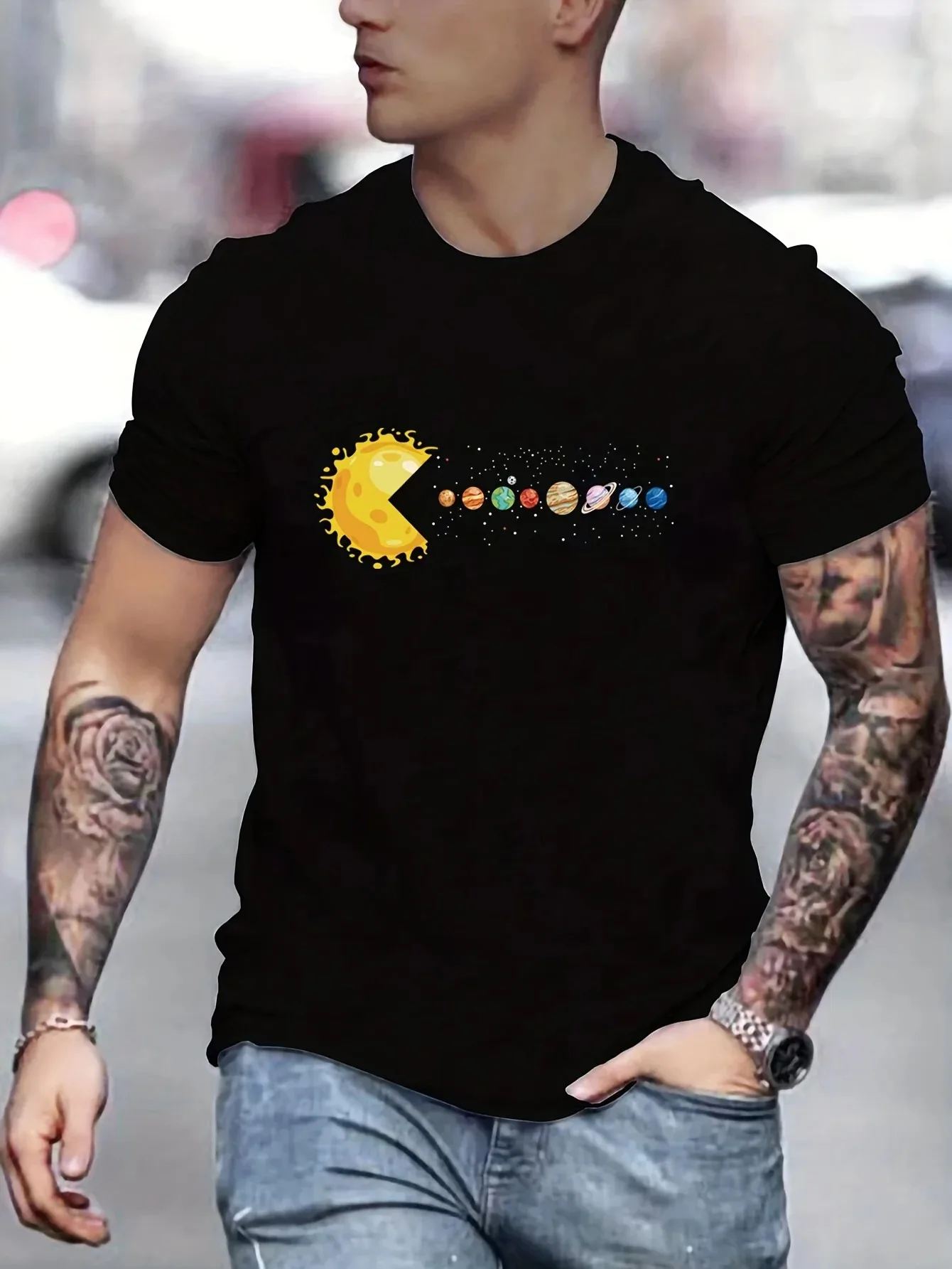 

Cute Candy Ball Eating Solar System Graphic T-Shirt Fun Astronomy Print Casual Men's Tee Black White