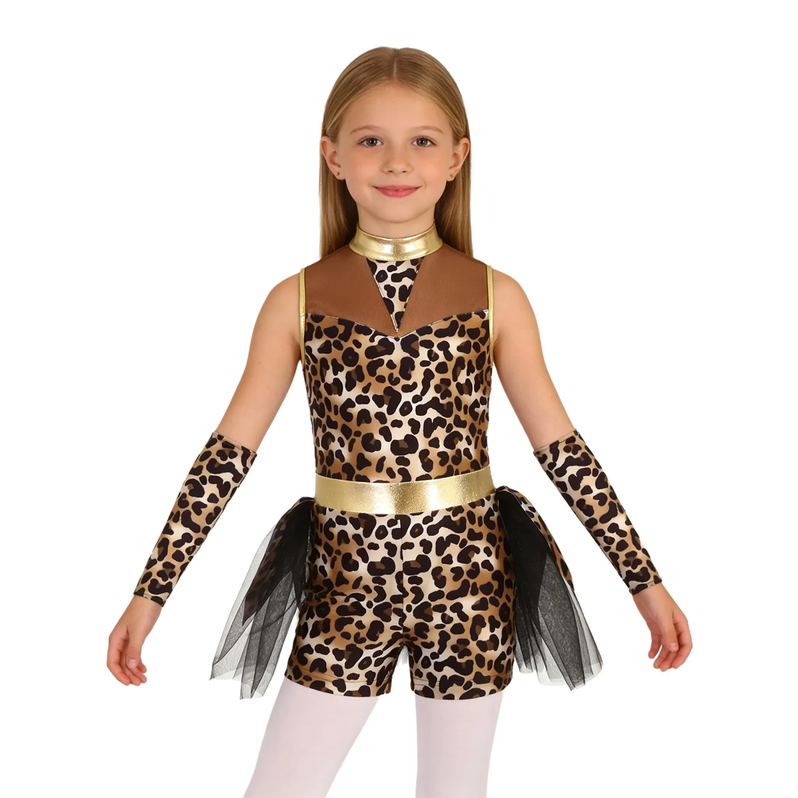 Justaucorps de danse et de gymnastique pour filles, style guerrière, avec jupe tutu et motif léopard, pour Halloween et spectacles sur scène
