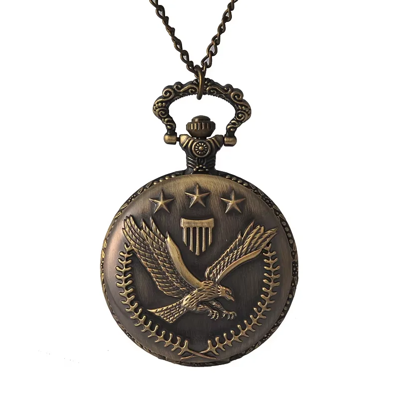 8155New large size quartz pocket watch retro bronze eagle wings five-pointed star pocket watch with nacklace chain