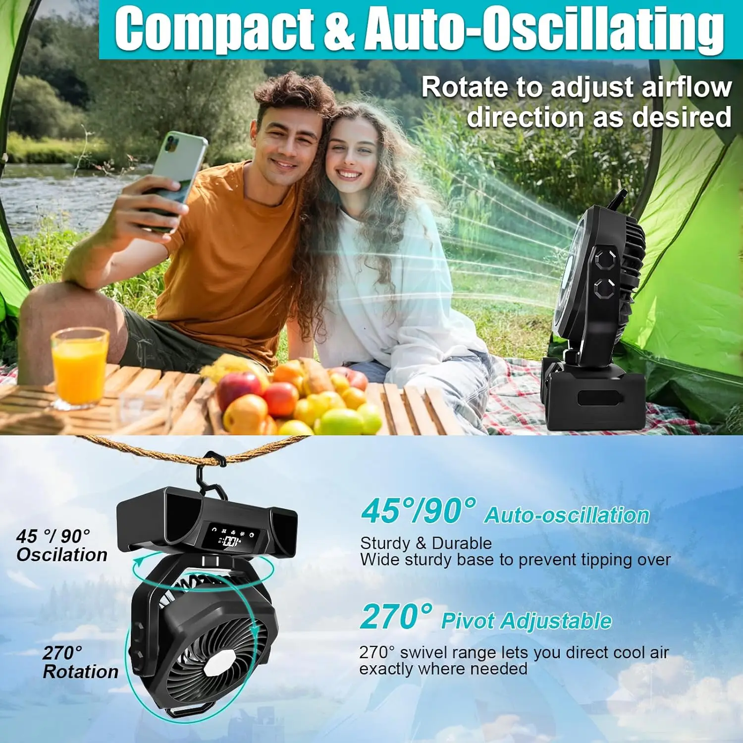 20000mAh بطارية عالية السعة مصباح ليد مروحة التخييم المحمولة اللاسلكية مروحة تبريد الهواء الدوائرية في الهواء الطلق Ventilador مع هوك