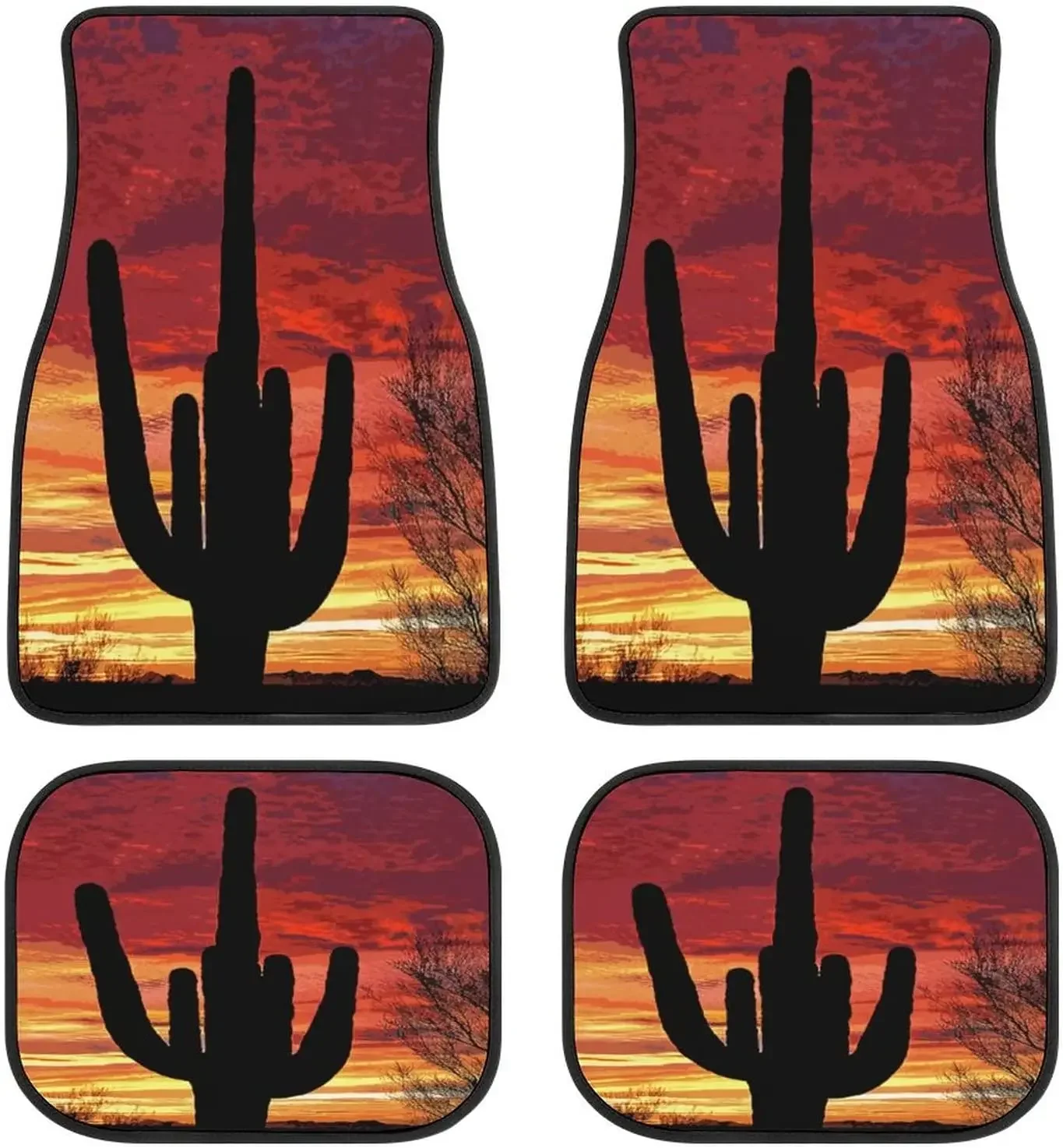 Sunset Cactus Black and White Car Mats Universal Drive Seat Carpet Vehicle Interior Protector Mats Funny Designs All-Weather Mat