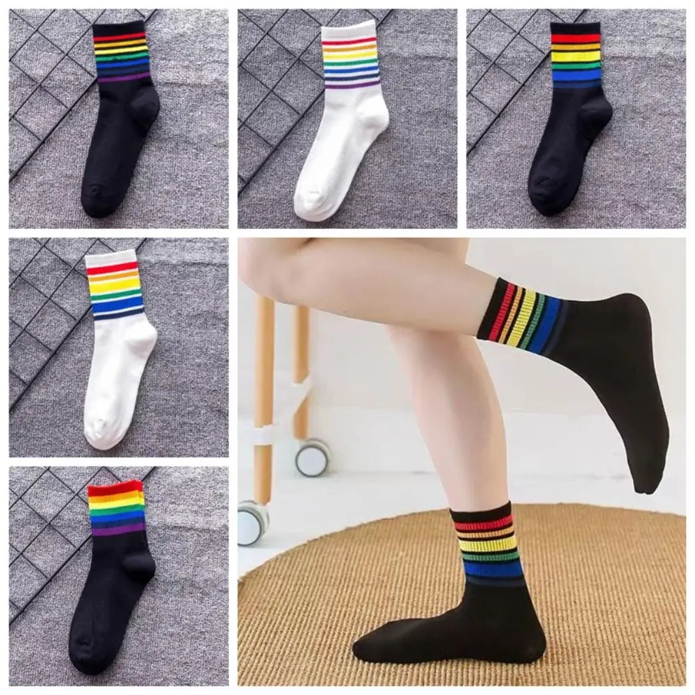 

6Pairs Ins Style Multicolor Rainbow Stripes Socks Y2K Mid-calf Rainbow Tube Sock Patchwork Breathable Cotton Socks Streetwear