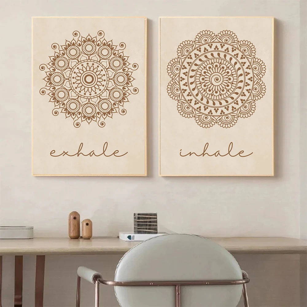 

Beige Bohemia Prints Abstract Mandala Wall Art Inhale Exhale Canvas Painting Yoga Poster Line Flower Pictures Living Room Decor