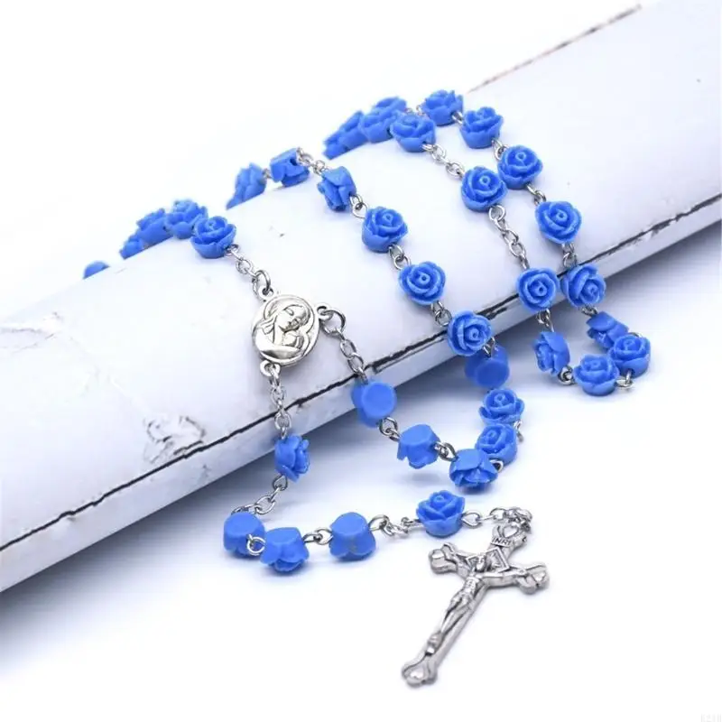 Religious Prayer Rosary Necklace with Rose Beads and Crosses Pendant Neckchain 