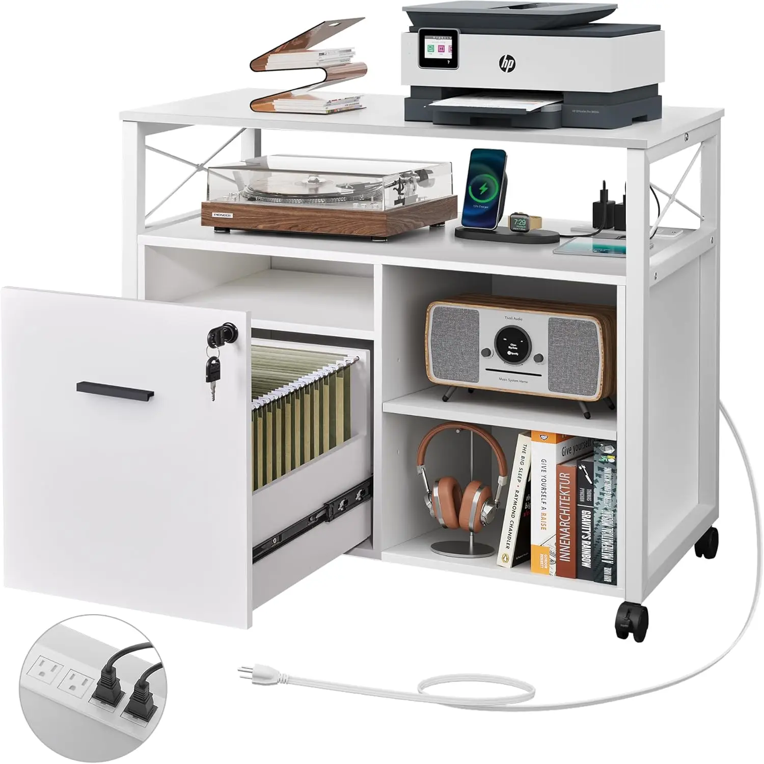 Lateral File Cabinet, Locking Wood Filing Cabinet Rolling Printer Stand with Open Storage Shelf for Home Office, White