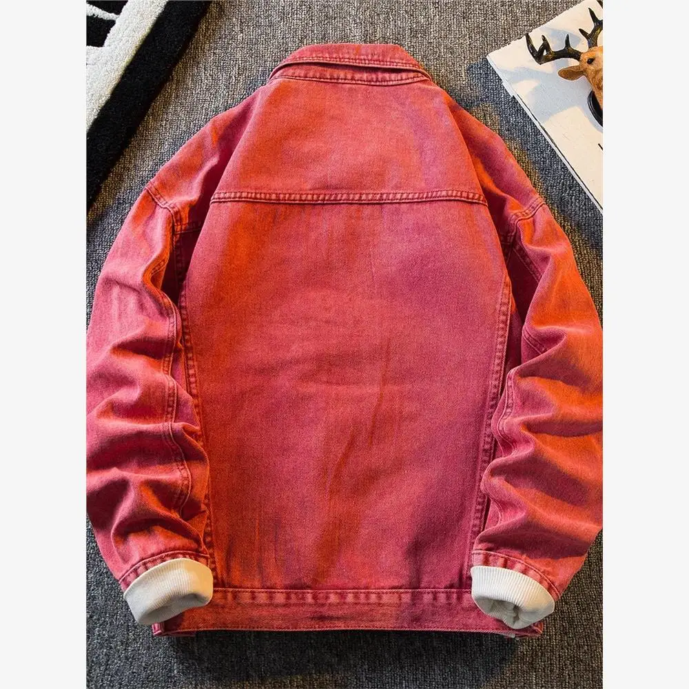 

High Street Vintage Dir Pink Men's Denim Jaet Zipper Design Trendy Brand Couple's Faion Jaet ort Length V-Ne