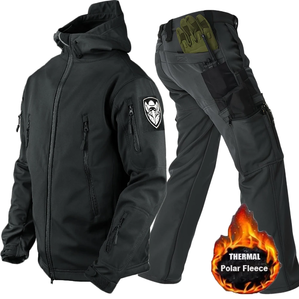 

Men's Tactical Fleece Sets Windproof Hooded Jackets Multi-Pocket Tactical Cargo Pants Winter Fleece Hiking Hunting Tracksuits